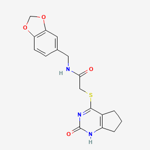 molecular formula C17H17N3O4S B2839149 N-(1,3-苯并二氧杂环丙烷-5-基甲基)-2-[(2-氧代-1,5,6,7-四氢环戊嘧啶-4-基)硫基]乙酰胺 CAS No. 932961-16-5