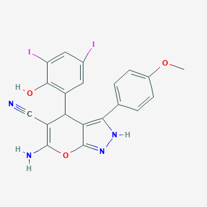 molecular formula C20H14I2N4O3 B283915 6-Amino-4-(2-hydroxy-3,5-diiodophenyl)-3-(4-methoxyphenyl)-1,4-dihydropyrano[2,3-c]pyrazole-5-carbonitrile 