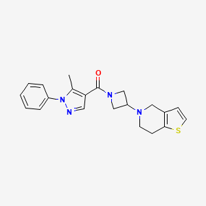 molecular formula C21H22N4OS B2839158 (3-(6,7-dihydrothieno[3,2-c]pyridin-5(4H)-yl)azetidin-1-yl)(5-methyl-1-phenyl-1H-pyrazol-4-yl)methanone CAS No. 2034428-27-6