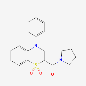 molecular formula C19H18N2O3S B2839171 (1,1-dioxido-4-phenyl-4H-benzo[b][1,4]thiazin-2-yl)(pyrrolidin-1-yl)methanone CAS No. 1189695-20-2