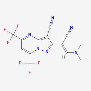 molecular formula C14H8F6N6 B2839177 2-[(Z)-1-cyano-2-(dimethylamino)ethenyl]-5,7-bis(trifluoromethyl)pyrazolo[1,5-a]pyrimidine-3-carbonitrile CAS No. 338786-57-5