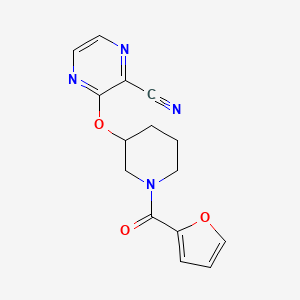 molecular formula C15H14N4O3 B2839183 3-((1-(呋喃-2-甲酰)哌啶-3-基)氧基)吡嘧啶-2-腈 CAS No. 2034434-40-5