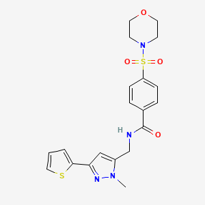 molecular formula C20H22N4O4S2 B2839216 N-[(2-Methyl-5-thiophen-2-ylpyrazol-3-yl)methyl]-4-morpholin-4-ylsulfonylbenzamide CAS No. 2319854-45-8
