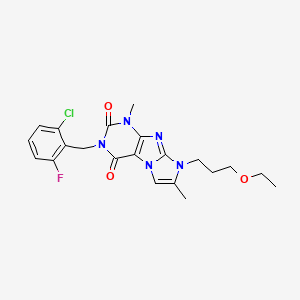 molecular formula C21H23ClFN5O3 B2839229 2-[(2-Chloro-6-fluorophenyl)methyl]-6-(3-ethoxypropyl)-4,7-dimethylpurino[7,8-a]imidazole-1,3-dione CAS No. 878422-37-8