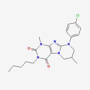 molecular formula C21H26ClN5O2 B2839274 9-(4-chlorophenyl)-1,7-dimethyl-3-pentyl-1,3,5-trihydro-6H,7H,8H-1,3-diazaperh ydroino[1,2-h]purine-2,4-dione CAS No. 876151-50-7