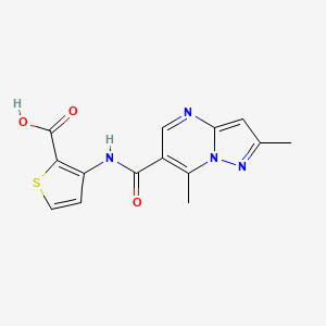 molecular formula C14H12N4O3S B2839287 3-{[(2,7-Dimethylpyrazolo[1,5-a]pyrimidin-6-yl)carbonyl]amino}-2-thiophenecarboxylic acid CAS No. 691868-68-5