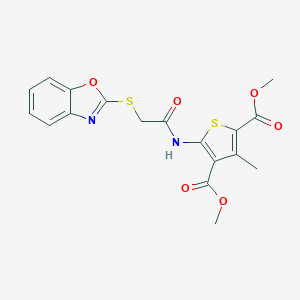 molecular formula C18H16N2O6S2 B283931 Dimethyl 5-{[(1,3-benzoxazol-2-ylsulfanyl)acetyl]amino}-3-methyl-2,4-thiophenedicarboxylate 