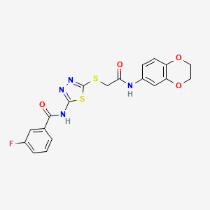 molecular formula C19H15FN4O4S2 B2839311 N-(5-((2-((2,3-dihydrobenzo[b][1,4]dioxin-6-yl)amino)-2-oxoethyl)thio)-1,3,4-thiadiazol-2-yl)-3-fluorobenzamide CAS No. 868973-82-4
