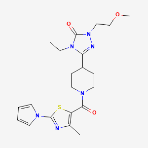 molecular formula C21H28N6O3S B2839312 4-乙基-1-(2-甲氧基乙基)-3-(1-(4-甲基-2-(1H-吡咯-1-基)噻唑-5-甲酰基)哌啶-4-基)-1H-1,2,4-三唑-5(4H)-酮 CAS No. 1797259-74-5