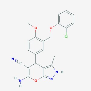 molecular formula C22H19ClN4O3 B283933 6-Amino-4-{3-[(2-chlorophenoxy)methyl]-4-methoxyphenyl}-3-methyl-1,4-dihydropyrano[2,3-c]pyrazole-5-carbonitrile 