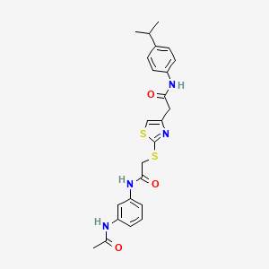 molecular formula C24H26N4O3S2 B2839365 N-(3-acetamidophenyl)-2-((4-(2-((4-isopropylphenyl)amino)-2-oxoethyl)thiazol-2-yl)thio)acetamide CAS No. 954040-04-1