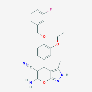 molecular formula C23H21FN4O3 B283938 6-Amino-4-{3-ethoxy-4-[(3-fluorobenzyl)oxy]phenyl}-3-methyl-1,4-dihydropyrano[2,3-c]pyrazole-5-carbonitrile 