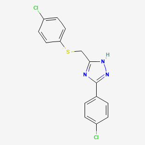 molecular formula C15H11Cl2N3S B2839382 5-(4-chlorophenyl)-3-{[(4-chlorophenyl)sulfanyl]methyl}-1H-1,2,4-triazole CAS No. 338395-90-7