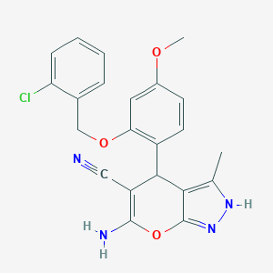 molecular formula C22H19ClN4O3 B283939 6-Amino-4-{2-[(2-chlorobenzyl)oxy]-4-methoxyphenyl}-3-methyl-1,4-dihydropyrano[2,3-c]pyrazole-5-carbonitrile 