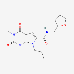 molecular formula C17H24N4O4 B2839407 1,3-dimethyl-2,4-dioxo-7-propyl-N-((tetrahydrofuran-2-yl)methyl)-2,3,4,7-tetrahydro-1H-pyrrolo[2,3-d]pyrimidine-6-carboxamide CAS No. 1021092-54-5