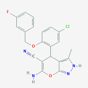 molecular formula C21H16ClFN4O2 B283941 6-Amino-4-{5-chloro-2-[(3-fluorobenzyl)oxy]phenyl}-3-methyl-1,4-dihydropyrano[2,3-c]pyrazole-5-carbonitrile 