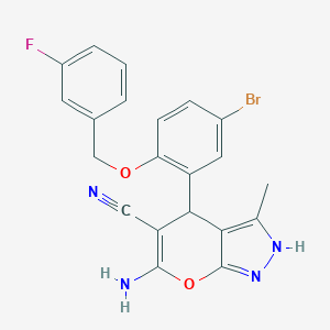 molecular formula C21H16BrFN4O2 B283942 6-Amino-4-{5-bromo-2-[(3-fluorobenzyl)oxy]phenyl}-3-methyl-1,4-dihydropyrano[2,3-c]pyrazole-5-carbonitrile 
