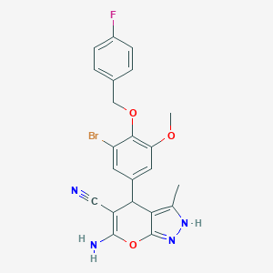 molecular formula C22H18BrFN4O3 B283943 6-Amino-4-{3-bromo-4-[(4-fluorobenzyl)oxy]-5-methoxyphenyl}-3-methyl-1,4-dihydropyrano[2,3-c]pyrazole-5-carbonitrile 