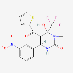 molecular formula C17H14F3N3O5S B2839474 6-Hydroxy-1-methyl-4-(3-nitrophenyl)-5-(thiophene-2-carbonyl)-6-(trifluoromethyl)-1,3-diazinan-2-one CAS No. 1212423-75-0