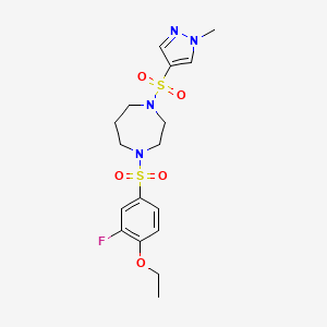 molecular formula C17H23FN4O5S2 B2839480 1-((4-ethoxy-3-fluorophenyl)sulfonyl)-4-((1-methyl-1H-pyrazol-4-yl)sulfonyl)-1,4-diazepane CAS No. 2034245-32-2
