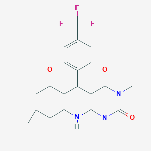 molecular formula C22H22F3N3O3 B2839509 1,3,8,8-tetramethyl-5-(4-(trifluoromethyl)phenyl)-7,8,9,10-tetrahydropyrimido[4,5-b]quinoline-2,4,6(1H,3H,5H)-trione CAS No. 868143-78-6