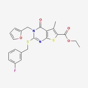 molecular formula C22H19FN2O4S2 B2839517 Ethyl 2-[(3-fluorophenyl)methylsulfanyl]-3-(furan-2-ylmethyl)-5-methyl-4-oxothieno[2,3-d]pyrimidine-6-carboxylate CAS No. 450369-97-8