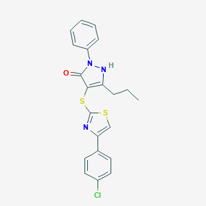 molecular formula C21H18ClN3OS2 B283952 4-{[4-(4-chlorophenyl)-1,3-thiazol-2-yl]sulfanyl}-1-phenyl-3-propyl-1H-pyrazol-5-ol 