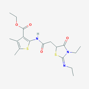 molecular formula C18H25N3O4S2 B2839578 (Z)-ethyl 2-(2-(3-ethyl-2-(ethylimino)-4-oxothiazolidin-5-yl)acetamido)-4,5-dimethylthiophene-3-carboxylate CAS No. 329224-71-7