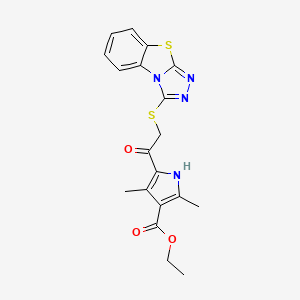 ethyl 2,4-dimethyl-5-(2-{7-thia-2,4,5-triazatricyclo[6.4.0.0^{2,6}]dodeca-1(8),3,5,9,11-pentaen-3-ylsulfanyl}acetyl)-1H-pyrrole-3-carboxylate