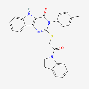 molecular formula C27H22N4O2S B2839621 2-((2-(indolin-1-yl)-2-oxoethyl)thio)-3-(p-tolyl)-3H-pyrimido[5,4-b]indol-4(5H)-one CAS No. 536704-45-7