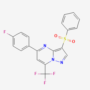 molecular formula C19H11F4N3O2S B2839628 3-(Benzenesulfonyl)-5-(4-fluorophenyl)-7-(trifluoromethyl)pyrazolo[1,5-a]pyrimidine CAS No. 866132-42-5
