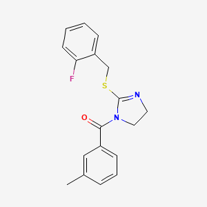 molecular formula C18H17FN2OS B2839688 (2-((2-fluorobenzyl)thio)-4,5-dihydro-1H-imidazol-1-yl)(m-tolyl)methanone CAS No. 851806-71-8