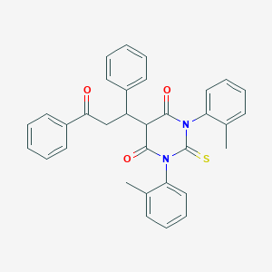 molecular formula C33H28N2O3S B283971 Hexahydro-1,3-bis(2-methylphenyl)-5-(1,3-diphenyl-3-oxopropyl)-2-thioxopyrimidine-4,6-dione 