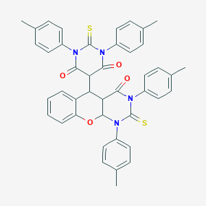 molecular formula C43H36N4O4S2 B283972 5-[1,3-bis(4-methylphenyl)-4-oxo-2-thioxo-1,3,4,4a,5,10a-hexahydro-2H-chromeno[2,3-d]pyrimidin-5-yl]-1,3-bis(4-methylphenyl)-2-thioxodihydro-4,6(1H,5H)-pyrimidinedione 
