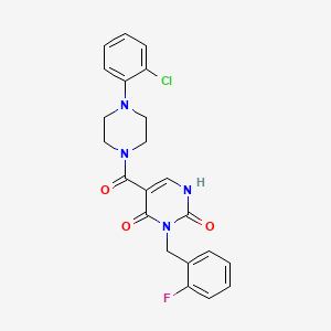 molecular formula C22H20ClFN4O3 B2839745 5-(4-(2-chlorophenyl)piperazine-1-carbonyl)-3-(2-fluorobenzyl)pyrimidine-2,4(1H,3H)-dione CAS No. 1396760-66-9