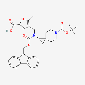molecular formula C34H38N2O7 B2839796 4-[[9H-Fluoren-9-ylmethoxycarbonyl-[6-[(2-methylpropan-2-yl)oxycarbonyl]-6-azaspiro[2.5]octan-2-yl]amino]methyl]-5-methylfuran-2-carboxylic acid CAS No. 2137950-46-8