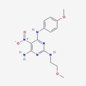 molecular formula C14H18N6O4 B2839828 N2-(2-甲氧基乙基)-N4-(4-甲氧基苯基)-5-硝基嘧啶-2,4,6-三胺 CAS No. 799832-67-0