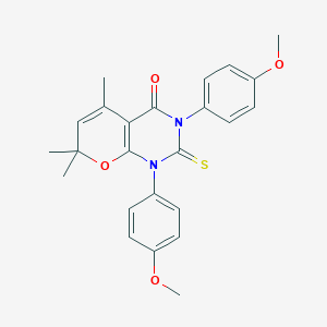 molecular formula C24H24N2O4S B283988 1,3-bis(4-methoxyphenyl)-5,7,7-trimethyl-2-thioxo-1,2,3,7-tetrahydro-4H-pyrano[2,3-d]pyrimidin-4-one 
