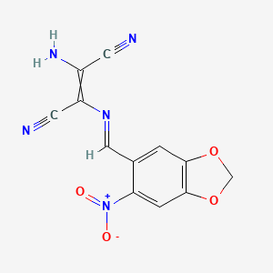 molecular formula C12H7N5O4 B2839887 (Z)-2-amino-3-{[(E)-(6-nitro-1,3-benzodioxol-5-yl)methylidene]amino}-2-butenedinitrile CAS No. 1020251-94-8