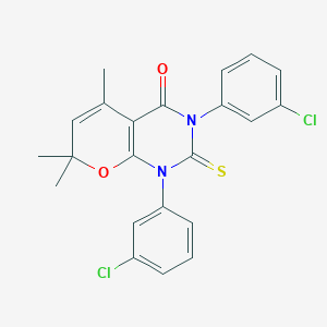 molecular formula C22H18Cl2N2O2S B283989 1,3-bis(3-chlorophenyl)-5,7,7-trimethyl-2-thioxo-1,2,3,7-tetrahydro-4H-pyrano[2,3-d]pyrimidin-4-one 