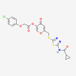 molecular formula C20H16ClN3O6S2 B2839942 6-(((5-(cyclopropanecarboxamido)-1,3,4-thiadiazol-2-yl)thio)methyl)-4-oxo-4H-pyran-3-yl 2-(4-chlorophenoxy)acetate CAS No. 877651-59-7