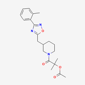 molecular formula C21H27N3O4 B2839972 2-Methyl-1-oxo-1-(3-((3-(o-tolyl)-1,2,4-oxadiazol-5-yl)methyl)piperidin-1-yl)propan-2-yl acetate CAS No. 1705207-46-0