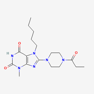 molecular formula C18H28N6O3 B2839997 3-methyl-7-pentyl-8-(4-propanoylpiperazin-1-yl)-2,3,6,7-tetrahydro-1H-purine-2,6-dione CAS No. 1363820-66-9