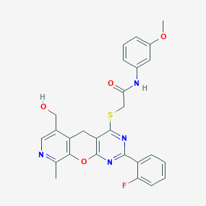 molecular formula C27H23FN4O4S B2840000 2-((2-(2-氟苯基)-6-(羟甲基)-9-甲基-5H-吡啶并[4',3':5,6]吡喃[2,3-d]嘧啶-4-基)硫代)-N-(3-甲氧基苯基)乙酰胺 CAS No. 892386-22-0