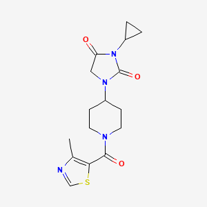 molecular formula C16H20N4O3S B2840006 3-Cyclopropyl-1-[1-(4-methyl-1,3-thiazole-5-carbonyl)piperidin-4-yl]imidazolidine-2,4-dione CAS No. 2097926-23-1