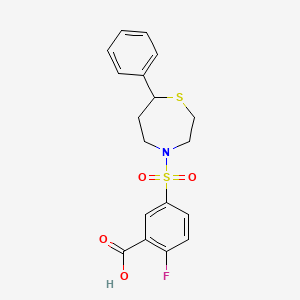 molecular formula C18H18FNO4S2 B2840013 2-氟-5-((7-苯基-1,4-噻杂丙烷-4-基)磺酰)苯甲酸 CAS No. 1795302-15-6
