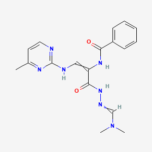 molecular formula C18H21N7O2 B2840021 N-{1-({2-[(dimethylamino)methylene]hydrazino}carbonyl)-2-[(4-methyl-2-pyrimidinyl)amino]vinyl}benzenecarboxamide CAS No. 339010-35-4