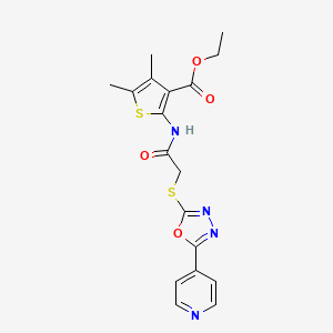 molecular formula C18H18N4O4S2 B2840059 乙酸乙酯 4,5-二甲基-2-(2-{[5-(吡啶-4-基)-1,3,4-噁二唑-2-基]硫代基}乙酰氨基)噻吩-3-羧酸酯 CAS No. 488801-54-3