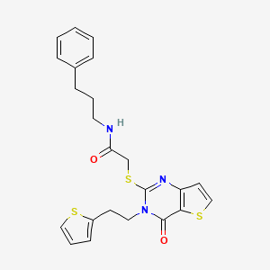 molecular formula C23H23N3O2S3 B2840075 2-({4-氧代-3-[2-(噻吩-2-基)乙基]-3,4-二氢噻吩[3,2-d]嘧啶-2-基}硫代基)-N-(3-苯基丙基)乙酰胺 CAS No. 1260928-23-1