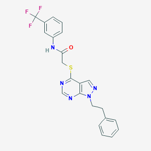 molecular formula C22H18F3N5OS B284010 2-{[1-(2-phenylethyl)-1H-pyrazolo[3,4-d]pyrimidin-4-yl]sulfanyl}-N-[3-(trifluoromethyl)phenyl]acetamide 